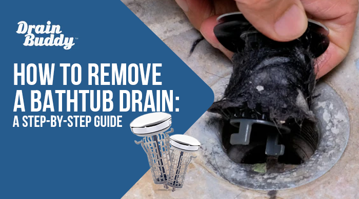 Bathtub drain maintenance showing clogged stopper removal.