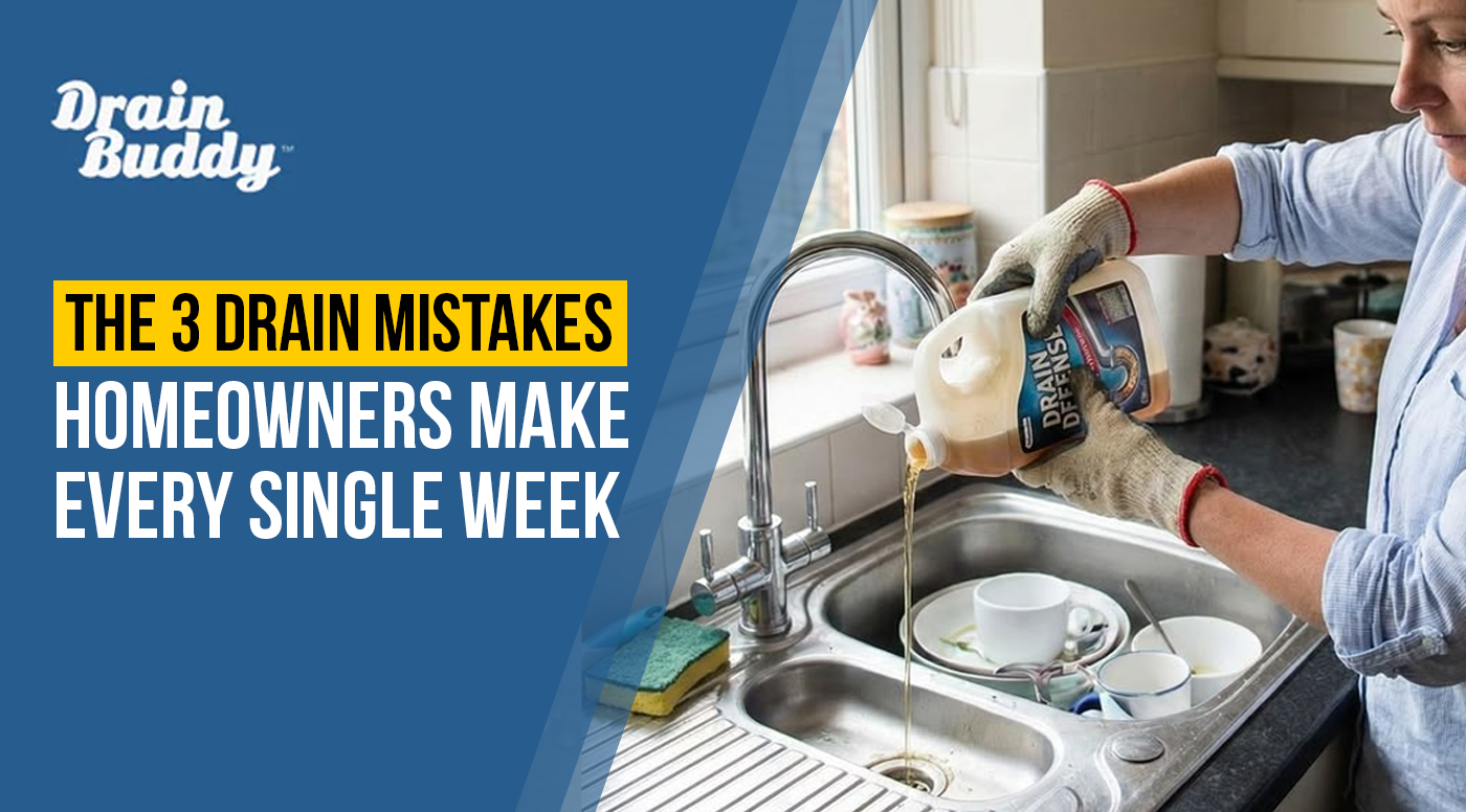 Homeowner cleaning a sink drain while avoiding common drain mistakes like pouring grease, flushing wipes, and overusing drain cleaners.