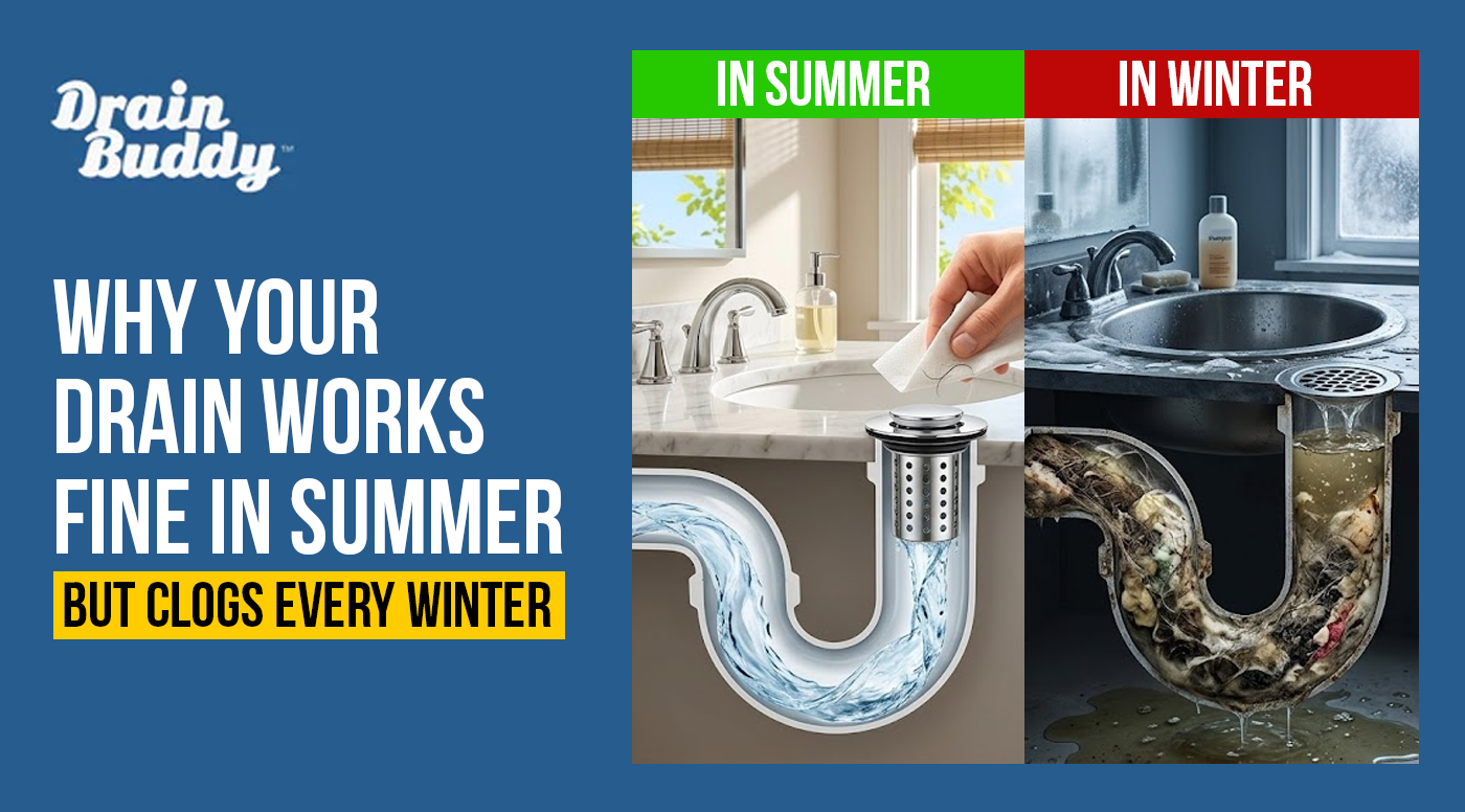 Kitchen sink drain during winter with grease buildup and slow drainage, illustrating common cold-weather plumbing and clogging issues.