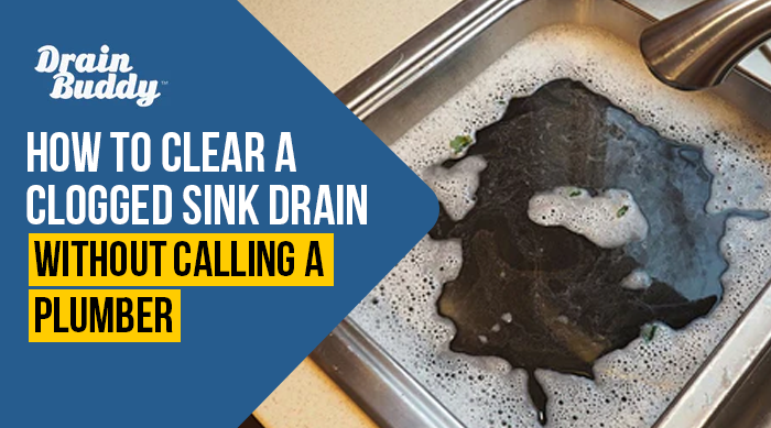 Blocked metal sink showing water backup — fix with Drain Buddy cleaner.