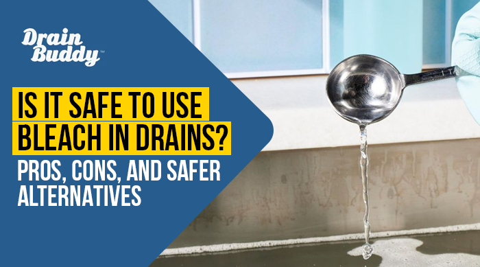 Image of cleaning liquid flowing into a kitchen sink drain to represent the pros, cons, and alternatives to using bleach.