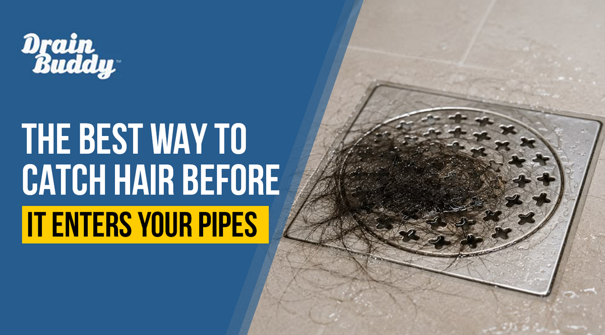 Drain Buddy hair catcher installed in a bathroom sink drain to help prevent hair clogs