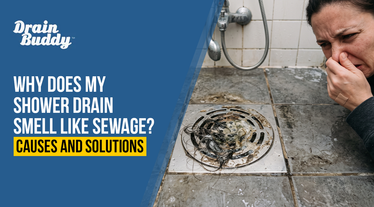 Shower drain with Drain Buddy showing how to prevent hair buildup and sewage odors
