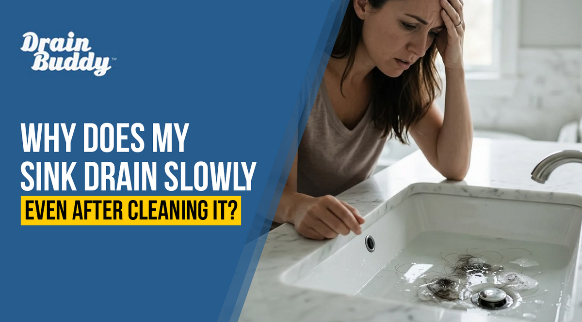 Drain Buddy in a bathroom sink helping catch debris that can cause slow drainage