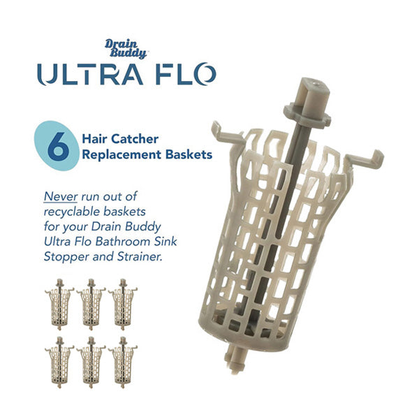 Drain Buddy Ultra Flo, 6-Pack Replacement Baskets for Bathroom sink, Fits 1.25” Wide sink drains