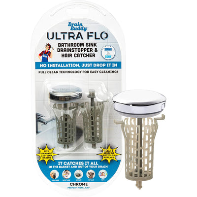 Drain Buddy Sink Ultra Flo 2-in1 Sink Drain Stopper & Hair Catcher W/ 1 Replacement Basket